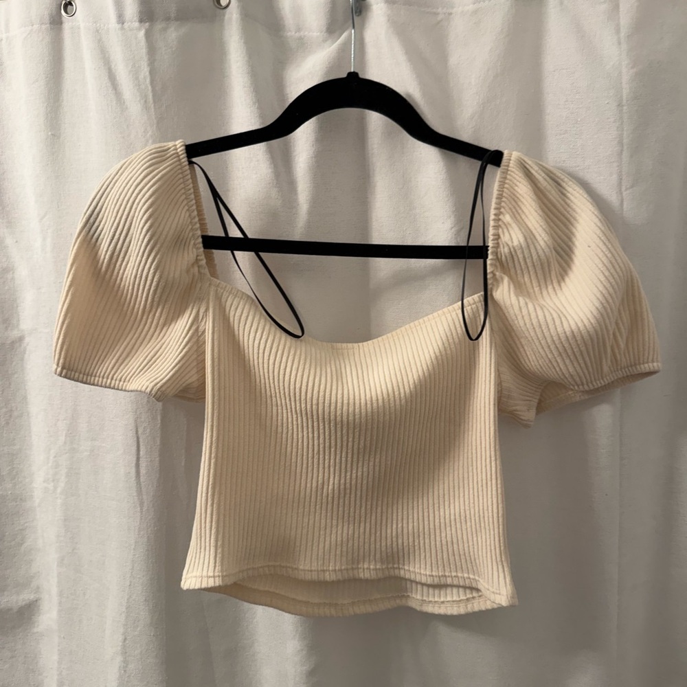 NWT Cream Ribbed Puff Sleeve Square Neck Top - Picture 3 of 3